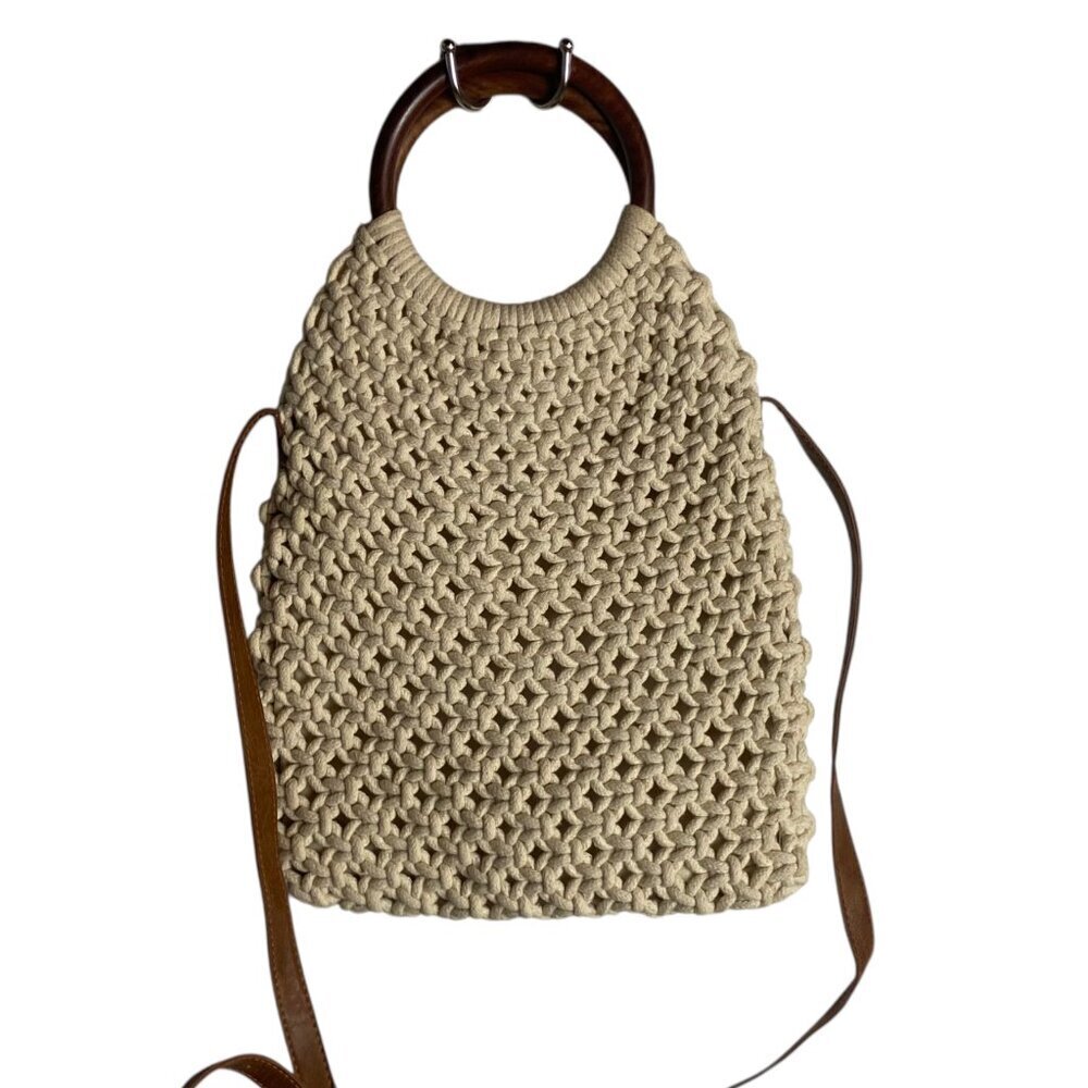 Sigrid Olsen Woven Macrame Satchel Purse Bag Wooden Handels Cream Boho Crochet